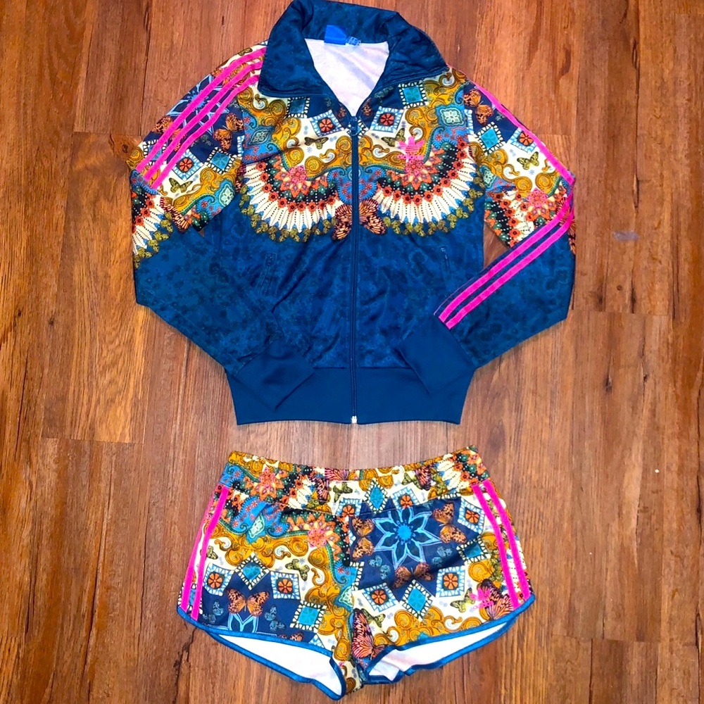 Adidas Floral Borbomix Butterfly Jacket + Shorts S Blue Set Bundle